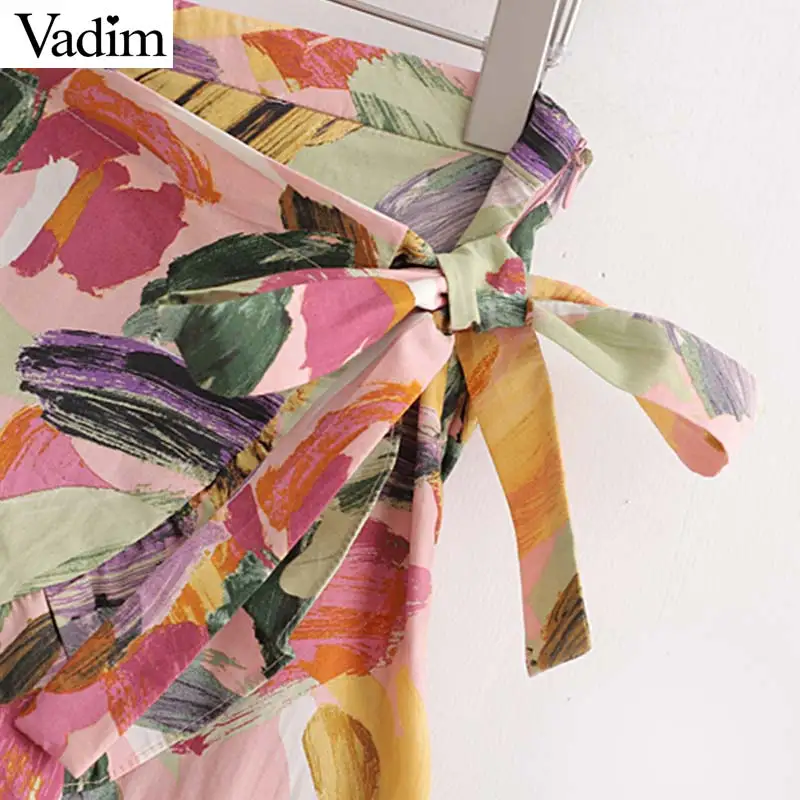 Vadim women fashion floral pattern shorts skirts ruffles bow tie elastic waist side zipper female sweet shorts SA183