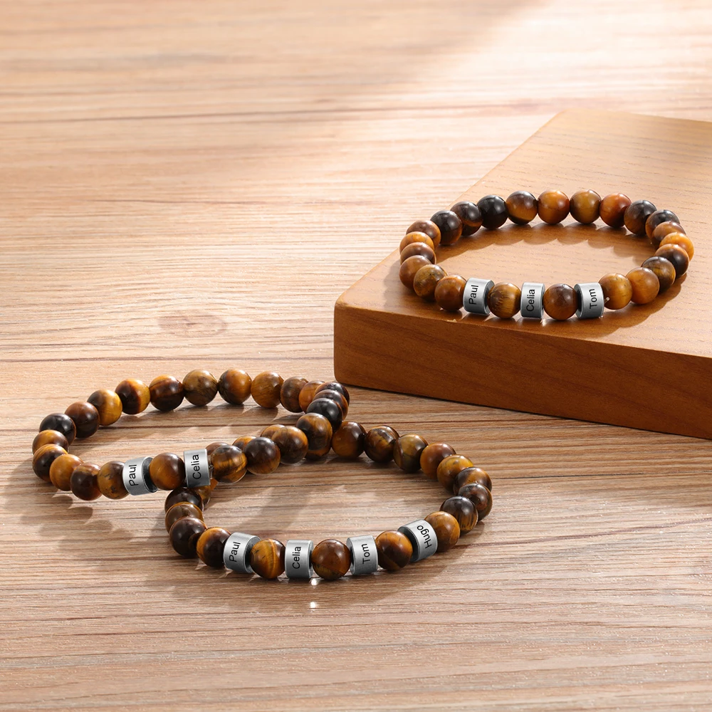 Personalized Stainless Steel Beaded Chain Name Engravd Bracelets for Men Customized Lava Tiger Eye Stone Bracelets
