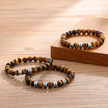 Personalized Stainless Steel Beaded Chain Name Engravd Bracelets for Men Customized Lava Tiger Eye Stone