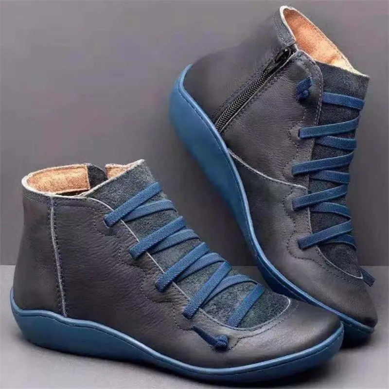 Women's PU Leather Ankle Boots Women Cross Strap Vintage Woman Shoes Short Plush Punk Boots Flat Ladies Retro Botas Mujer - Цвет: blue