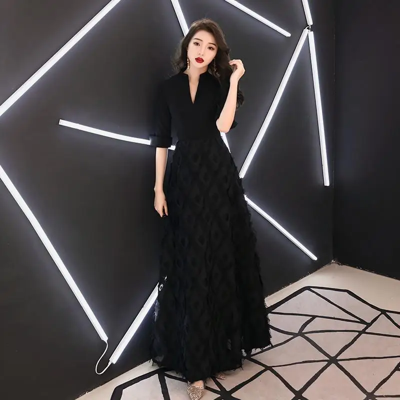 Новинка, тонкое ТРАПЕЦИЕВИДНОЕ ПЛАТЬЕ, элегантное, на одно плечо, белое, Cheongsam, сексуальное, с высоким разрезом, длинное, женское, официальное, вечернее платье, Robe De Soiree - Цвет: Black C