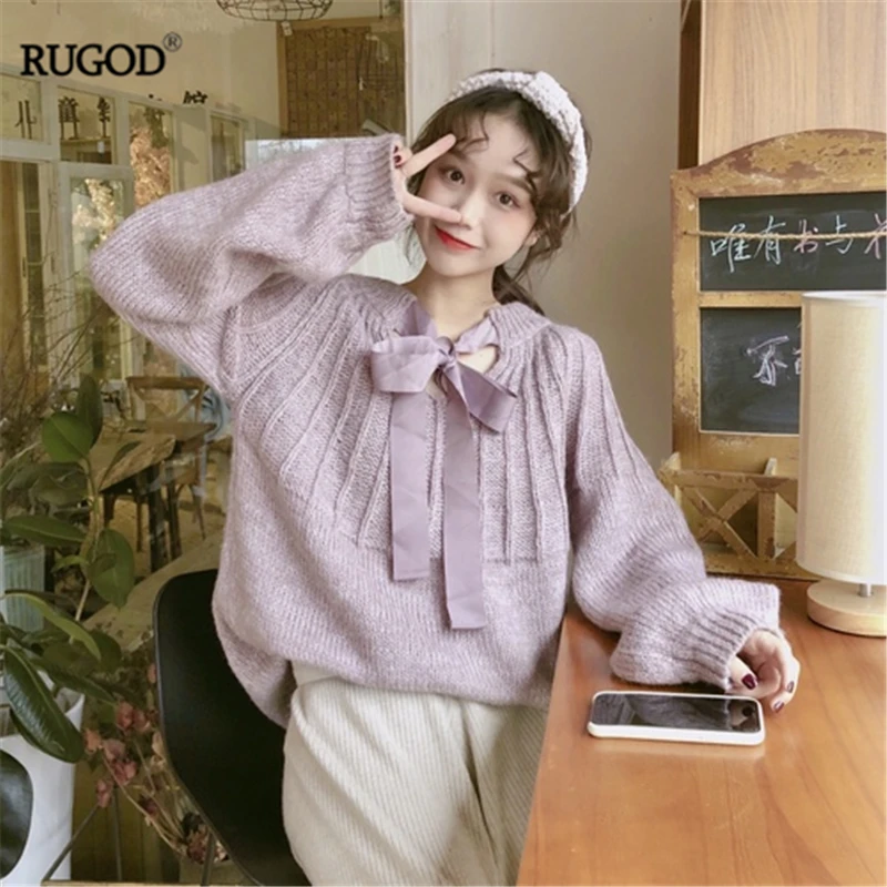 

RUGOD 2019 New Women Autumn Sweater Or Lace Shirt Sweet Lace Up Two-side Wearing Loose Pullover Sweater Fashion Slim Lining Tee