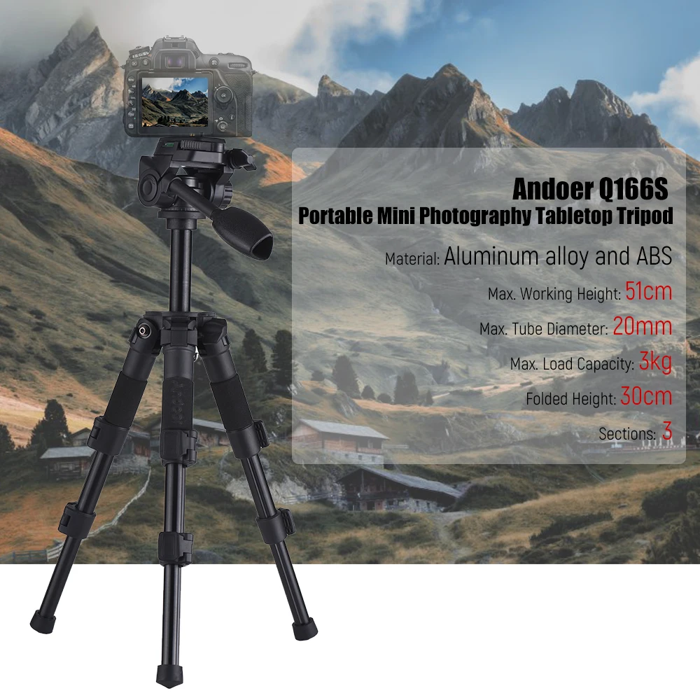 Andoer Q166S Portable Mini Aluminum Alloy 3-Section Photography Tabletop Tripod with 3-Way Pan/Tilt Head Max. Height 51cm