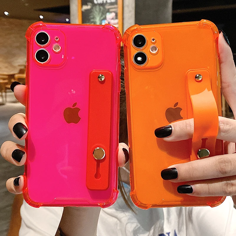 Wrist Strap Transparent Phone Case For iPhone 13 11Pro Max XR XS Max X 7 8 Plus 11Pro 13 12 Stand Holder Shokcproof Soft Cover leather iphone 12 mini case