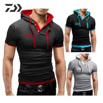 

Summer Daiwa Hooded Men T Shirt Cotton Patchwork Breathable Fishing Shirts Outdoor Short Sleeve Fishing Clothing Sport Shirt