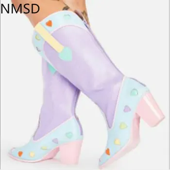 

Women Mid-calf Boots Booties PU Leather High Heels Fashion Candy Color Heart Shoes Female