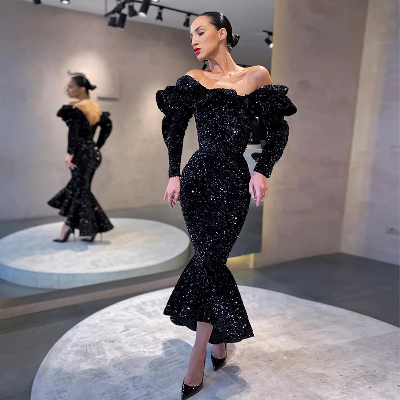 

2020 New Arrival Girls Off Shoulder Long Sleeve Short Mini Black Sequin Party Cocktail Dress