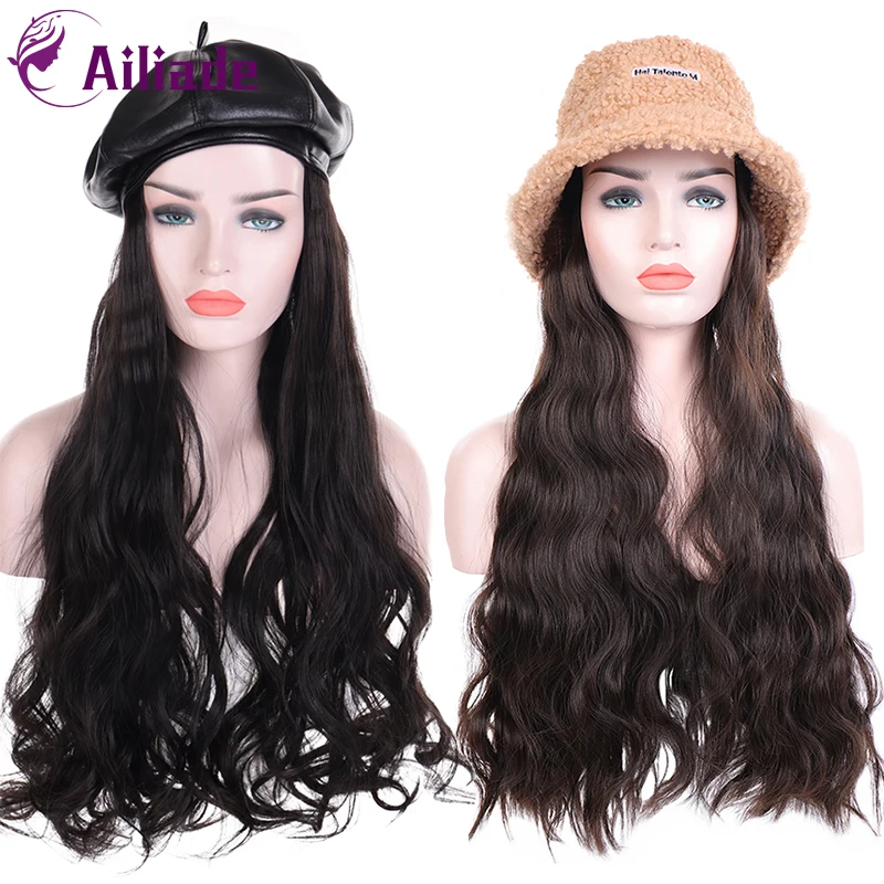 

AILIADE Winter Hat with Synthetic Heat-Resistant Wig Adjustable Leather Hat Extended Hair Brown Black Fisherman's Hat for Women