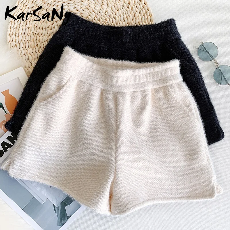 Mink Fur Shorts Women Winter Wide Leg Casual Warm Short Pants Elastic Waist Woman Clothing Black For | Женская одежда