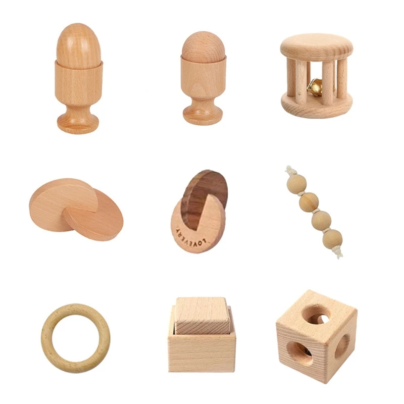 Montessori Newborn Infant Toys Wooden Object Fitting Exercise Hand Grasped Toy Egg Cup Cube Box Baby Bed Bell Rattle Vocal Gift | Игрушки и