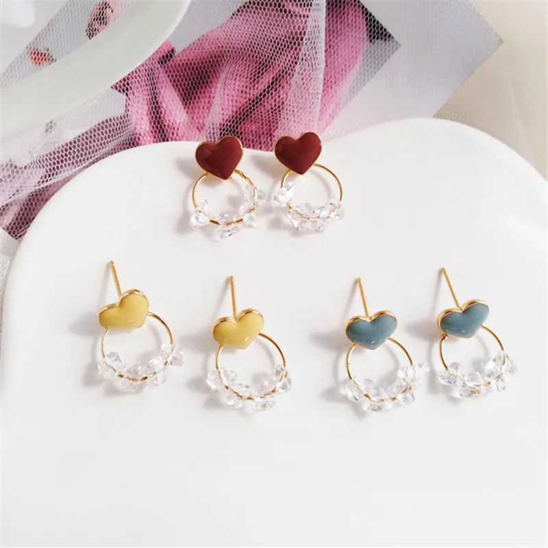 Fashion high quality glass earrings female Cute Romantic heart stud earrings Simple round metal crystal stud earrings for women