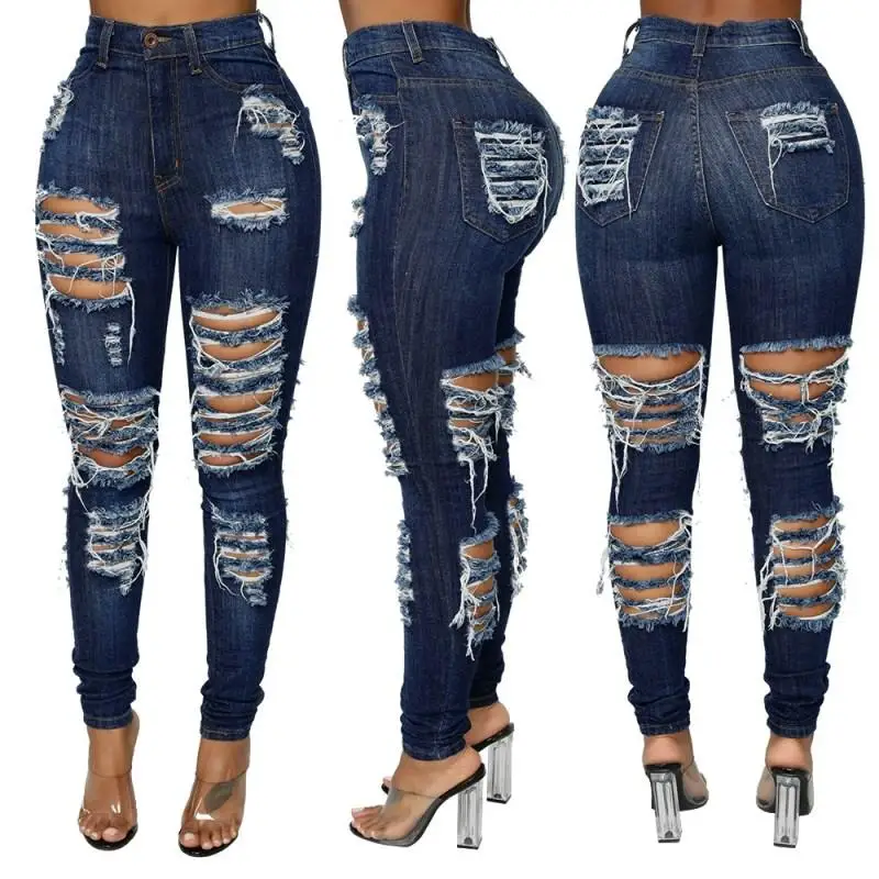 Womens jeans hole pants denim trousers classic blue denim trouser slim pants Straight leg jeans fashion solid casual pants klw4592