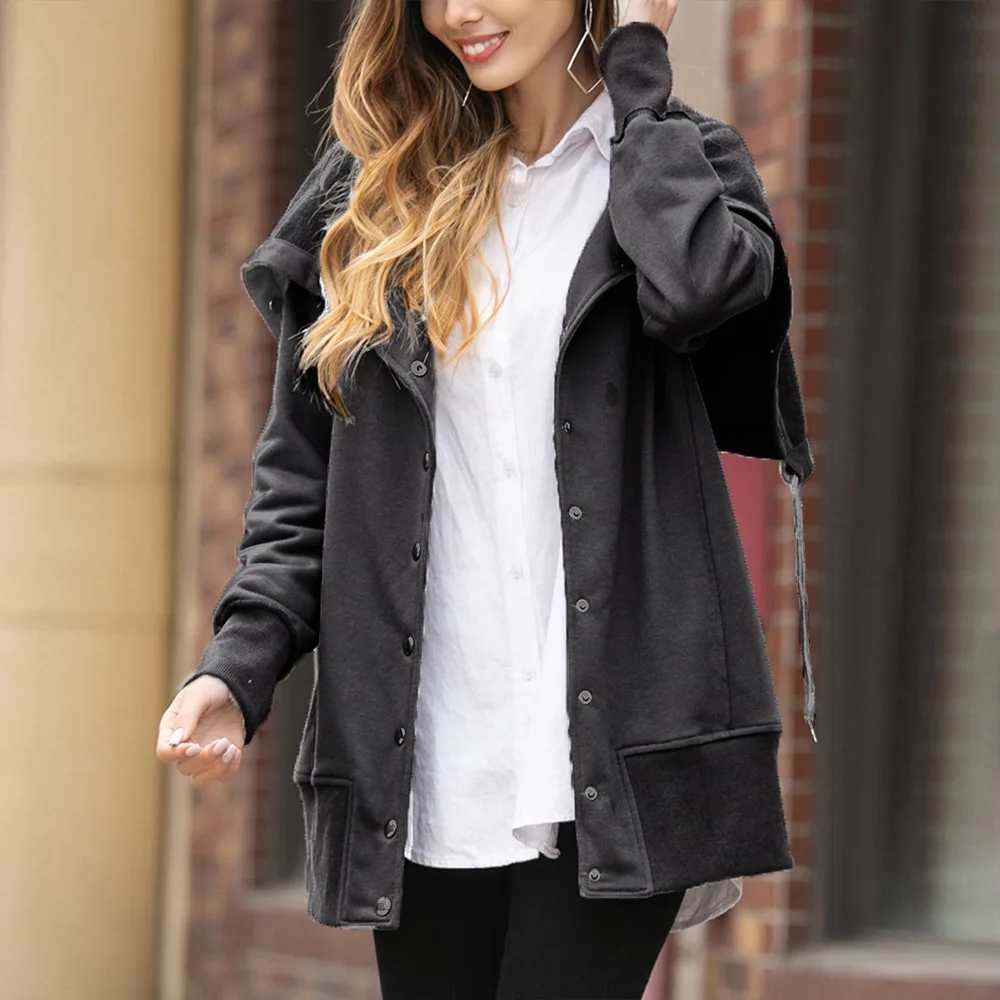 

Tide Fashion Solid Hooded Jackets Coat Autumn Winter Single Breasted Loose Drawstring Jacket Women Casual Long Sleeve Outwear