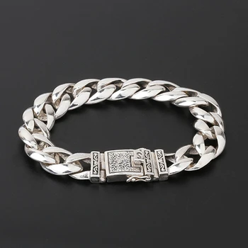 

925 Silver Men's Bracelet 12mm Wide Smooth Flower Safe Lock High Polish Link Chain Male Biker Silver Bracelet