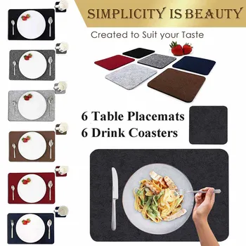 

12Piece/Set 45X30 Cm-Washable Felt Placemat and 4'' Coasters Black-Table Mat Can Be Wiped Washable Placemat Dinner Felt Pad