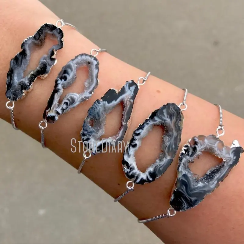 

BM14725 Natural Agate Geode Free Form Slice Charm Adjustable Silver Plated Chain Bracelet Bohemian Boho Jewelry