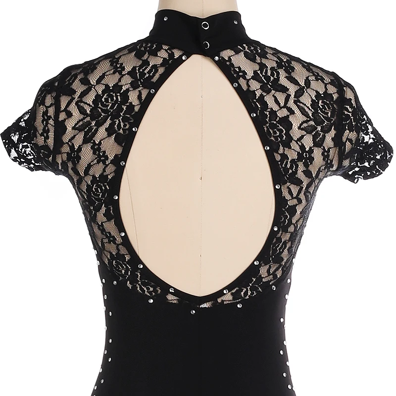 Nasinaya Girls' Figure Skating Competition Leotard Bodysuit Women's All In One Patinaje Short Sleeve Black Lace