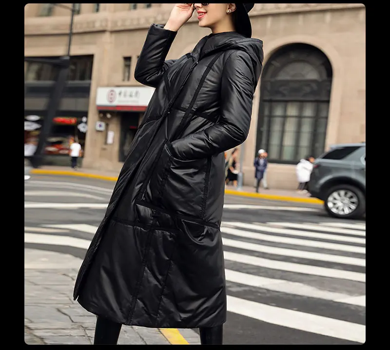Novmoop high street women winter black hooded sheepskin genuine leather long down coat with button decor manteau femme LT2943