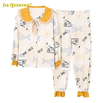 

Printing Pj Set Long Sleeve Long Pants Sleepwear Fashion Style Casual Style Woman Clothes Turn Down Collar Pajamas for Woman