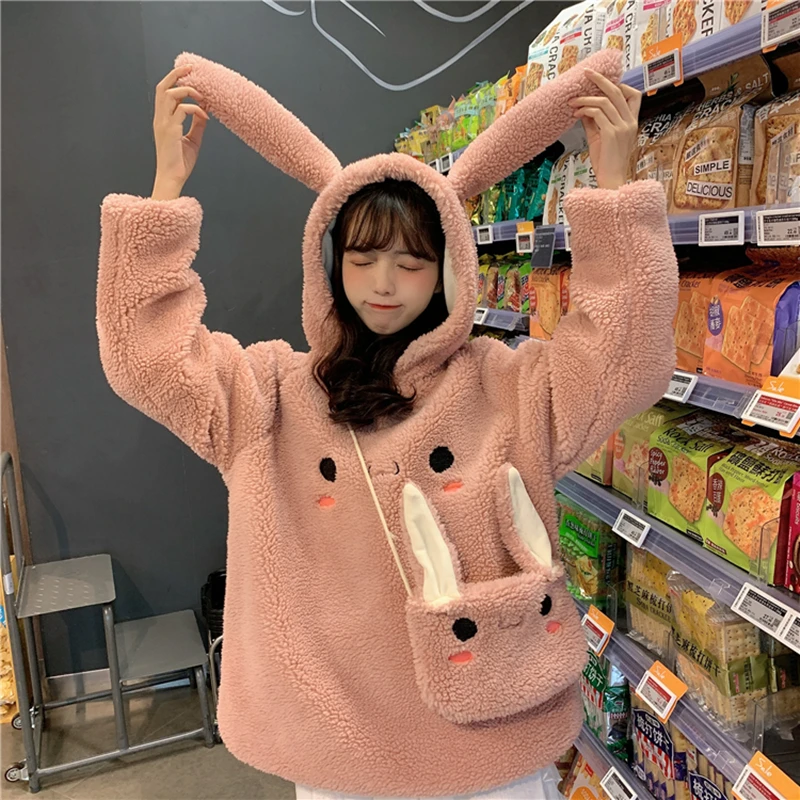 Осень Зима Kawaii кроличьи уши плюшевая Короткая Толстовка женская с длинным рукавом Толстая овечья шерсть Повседневная теплая толстовка сумка через плечо