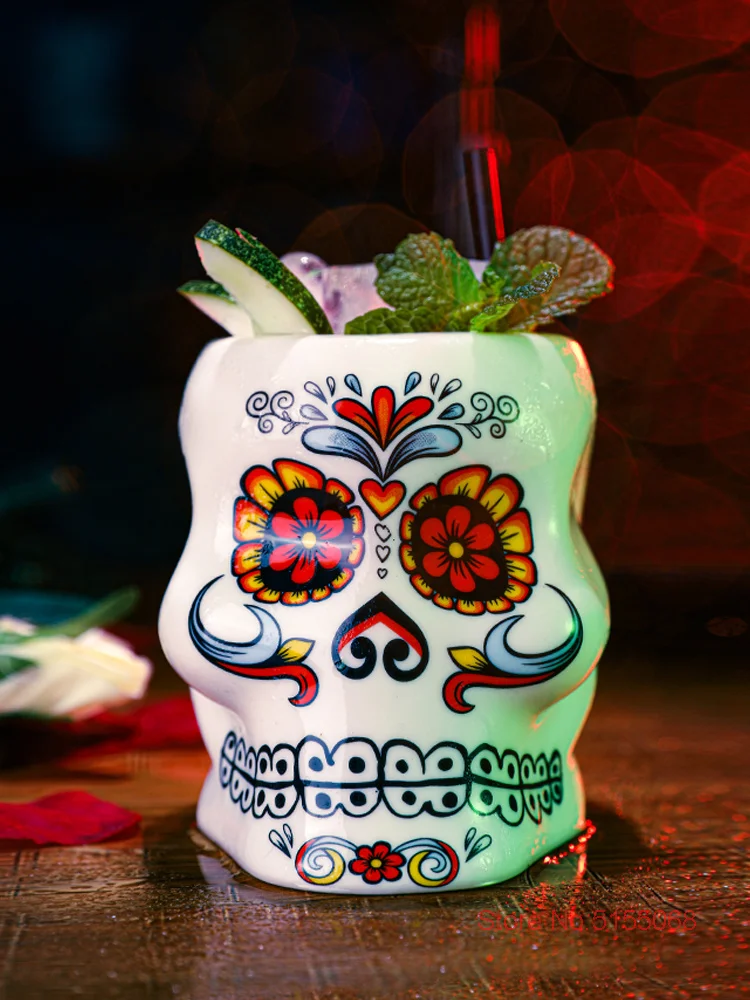 Cool Tattoo Face Skull DIY Blended Wine TIKI Mug Hawaii Bar Special Drinks Cocktail Glass Color Painted Ceramics Beach Party Cup