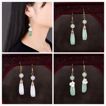 

Fashion Temperamental Long Coloured Glaze Dignified Eardrop Classical Retro Cyan Crystal Natural Shell Exquisite Earrings