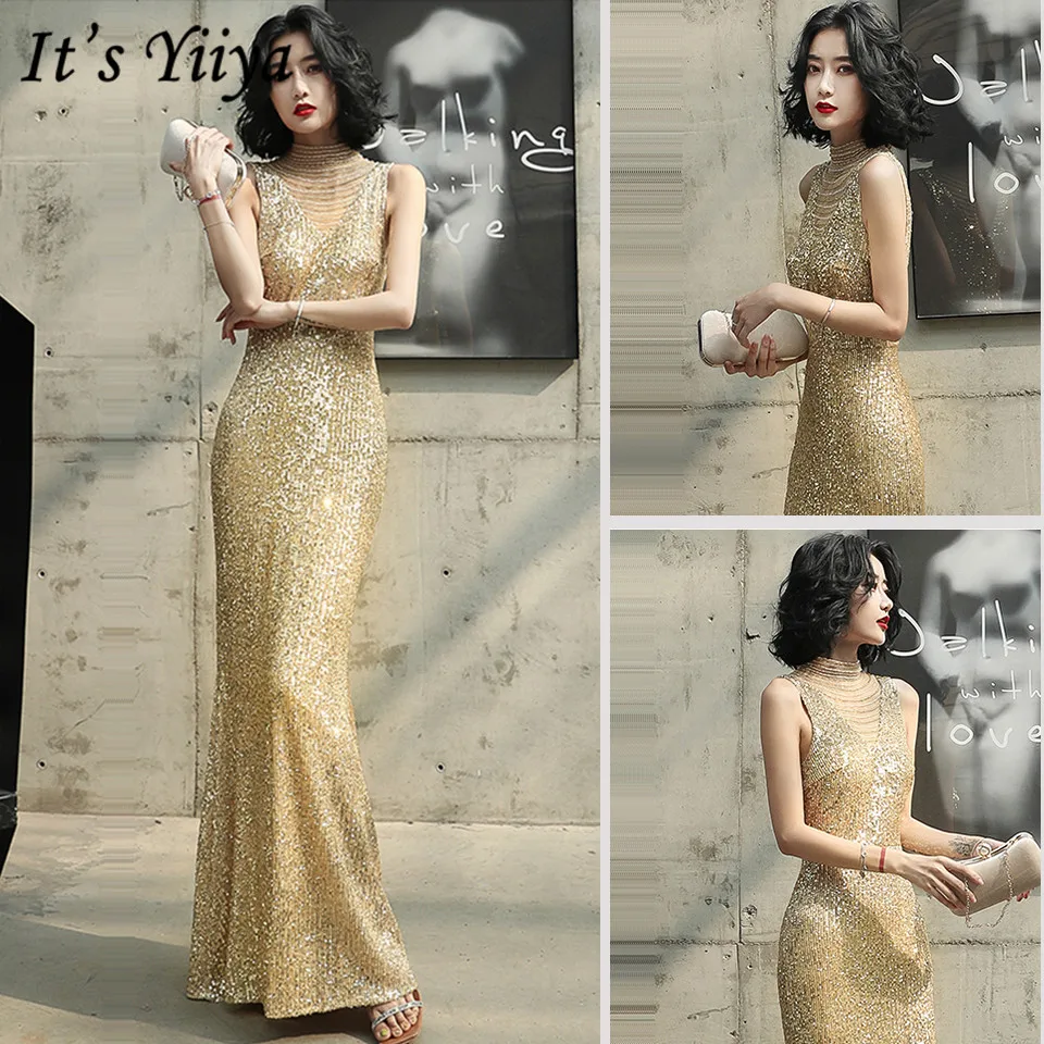 

It's Yiiya Gold Formal Dress High Collar Floor-Length Sequined Dress Woman Party Sleeveless Mermaid Robe De Soiree K013
