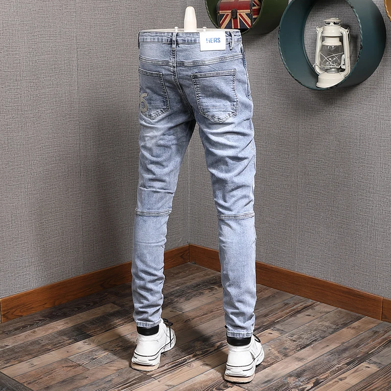 Casual Light Blue Spliced Jeans Men Streetwear Moto Biker Cotton Slim Fit Denim Pants