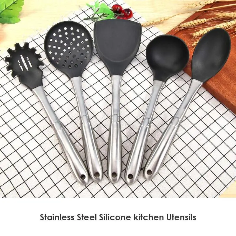

5pcs Kitchen Utensils Cooking Set Includes Non-stick Cookware Spaghetti Server, Soup Ladle, Slotted Turner, Whisk