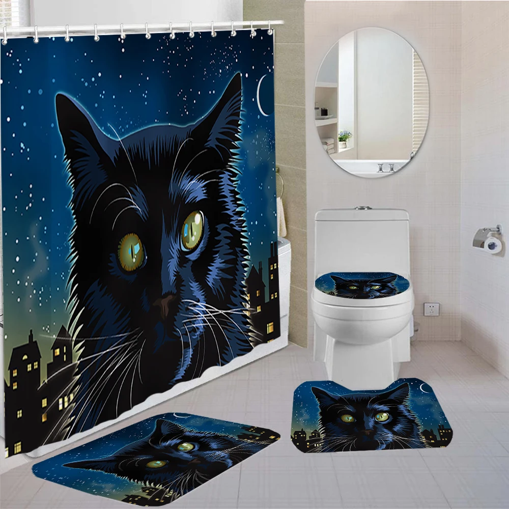 

Cat 3D Print Shower Curtain U Shaped Toilet Cover Bath Mat with 12 Hooks Shower Curtain 16 Pcs/Sets for Bathroom Decoration