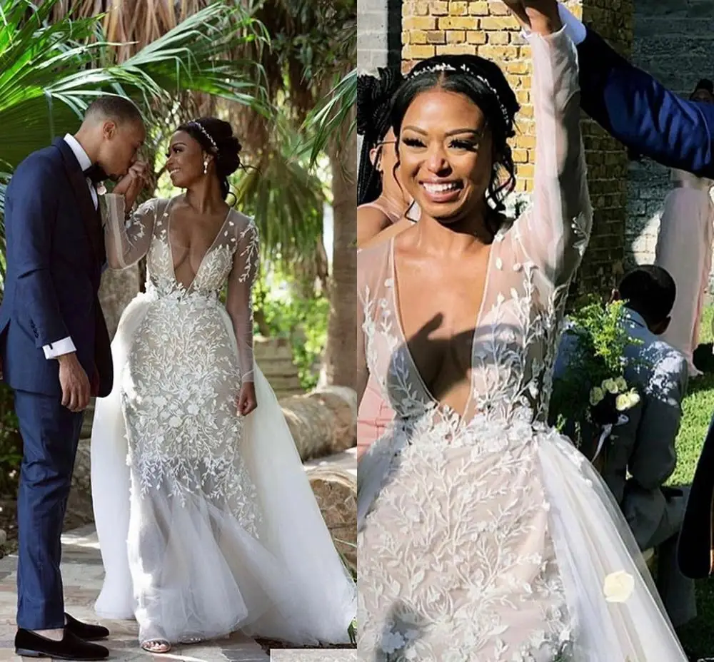 

Aso Ebi Mermaid Wedding Dresses with Detachable Train 2020 V-neck Illusion Long Sleeve Lace Applique African Wedding Gown