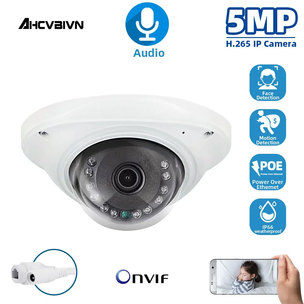 

AHCVBIVN Audio POE IP Camera PoE 5MP Face Detection IP66 Waterproof Onvif Night Vision Dome Vandalproof Security Camera Outdoor