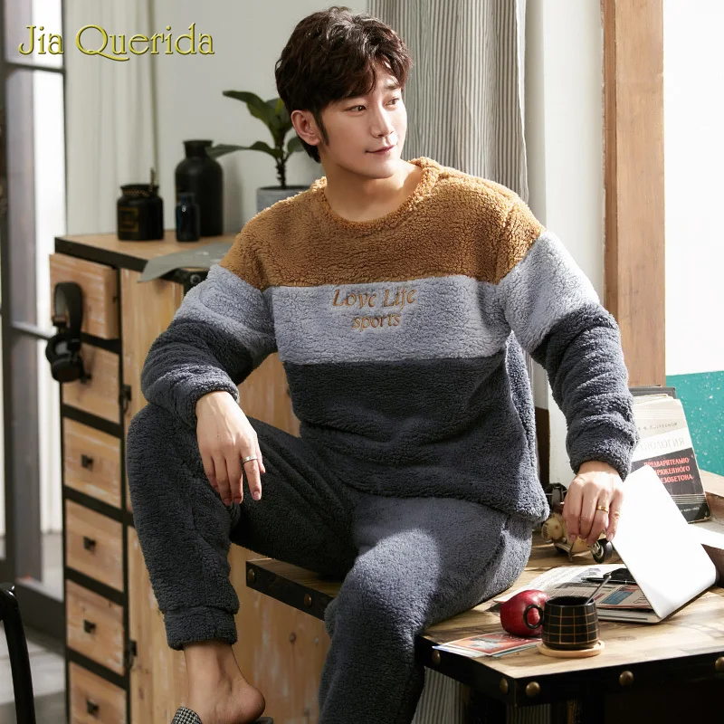 

Pyjamas Men Letter Embroidery 3 Color Patchwork Trendy 2020 New Mens Sleepwear Sproty Outwear Pajama Set Particle Fleece Pj Set