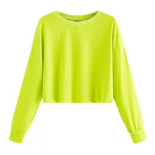 Модная укороченная Толстовка Для женщин Повседневное неоновый зеленый свитер с О-образным вырезом, с длинным рукавом безразмерная уличном японском стиле Харадзюку толстовка с капюшоном