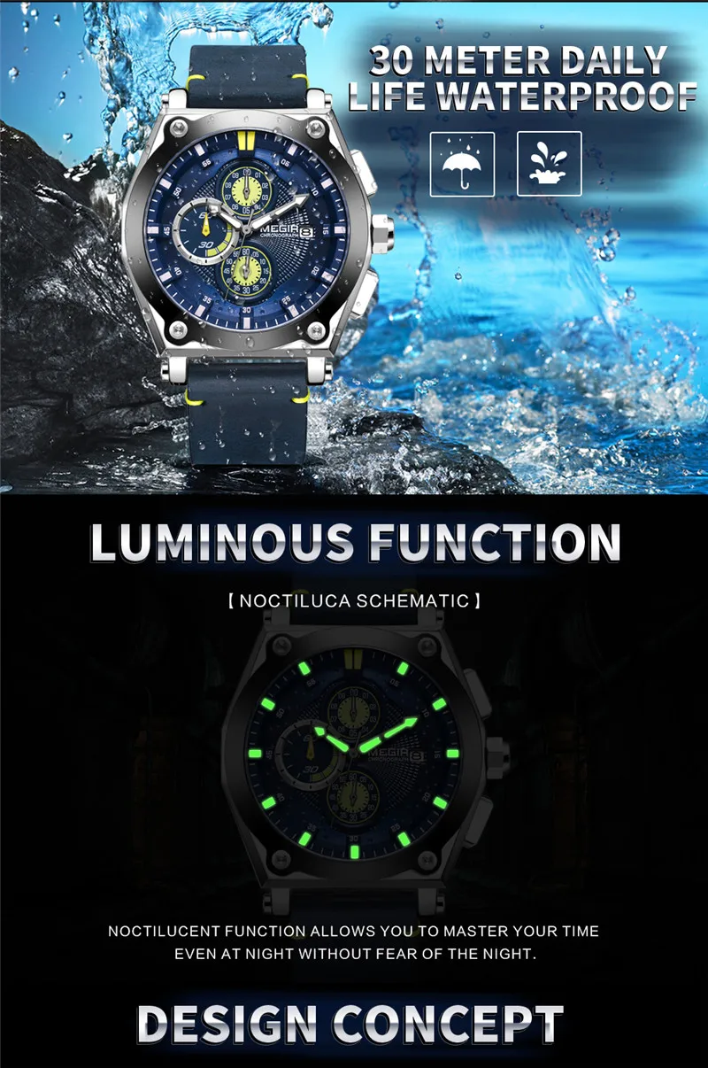 Часы MEGIR Мужские Наручные с хронографом брендовые Роскошные спортивные в стиле