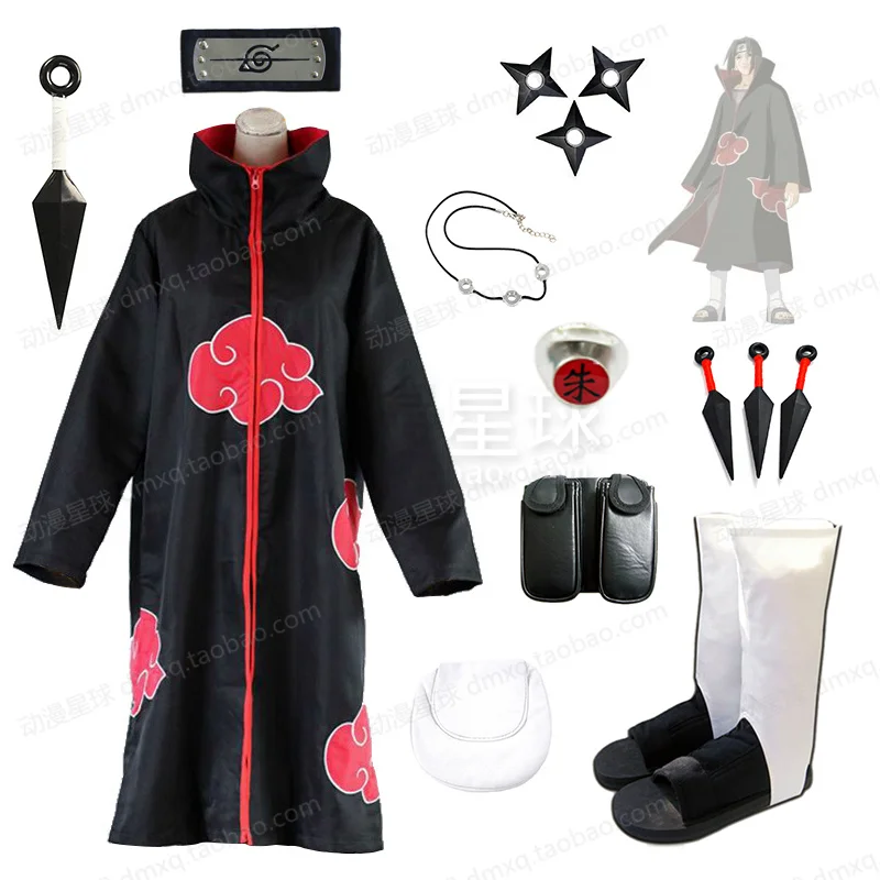 Akatsuki Косплей Костюм Итачи Учиха Униформа на Хэллоуин плащ+ оружие+ повязка на голову+ ожерелье+ сумка+ обувь+ кольцо XS-2XL