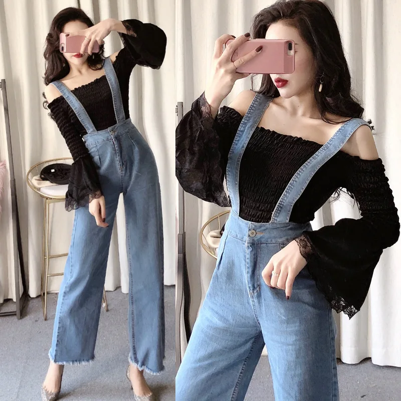 

2018 New Style Horizontal Neck Long Sleeve Hong Kong Flavor GIRL'S Cowboy Suspender Pants Two-Piece Set 1898b453