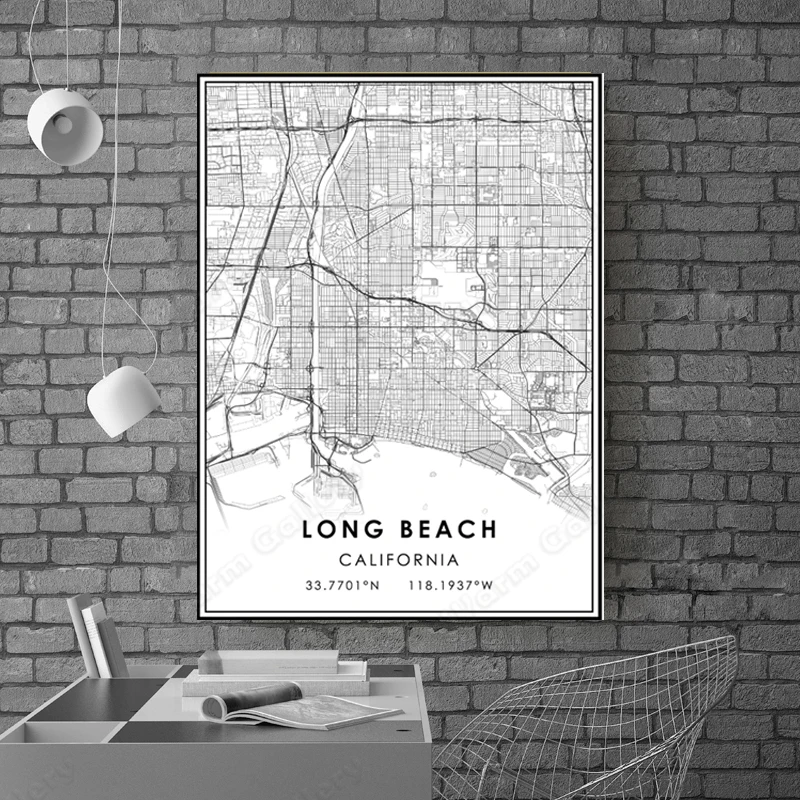 Черно-белая карта города Длинная пляжная Карта плакат HD печать настенное