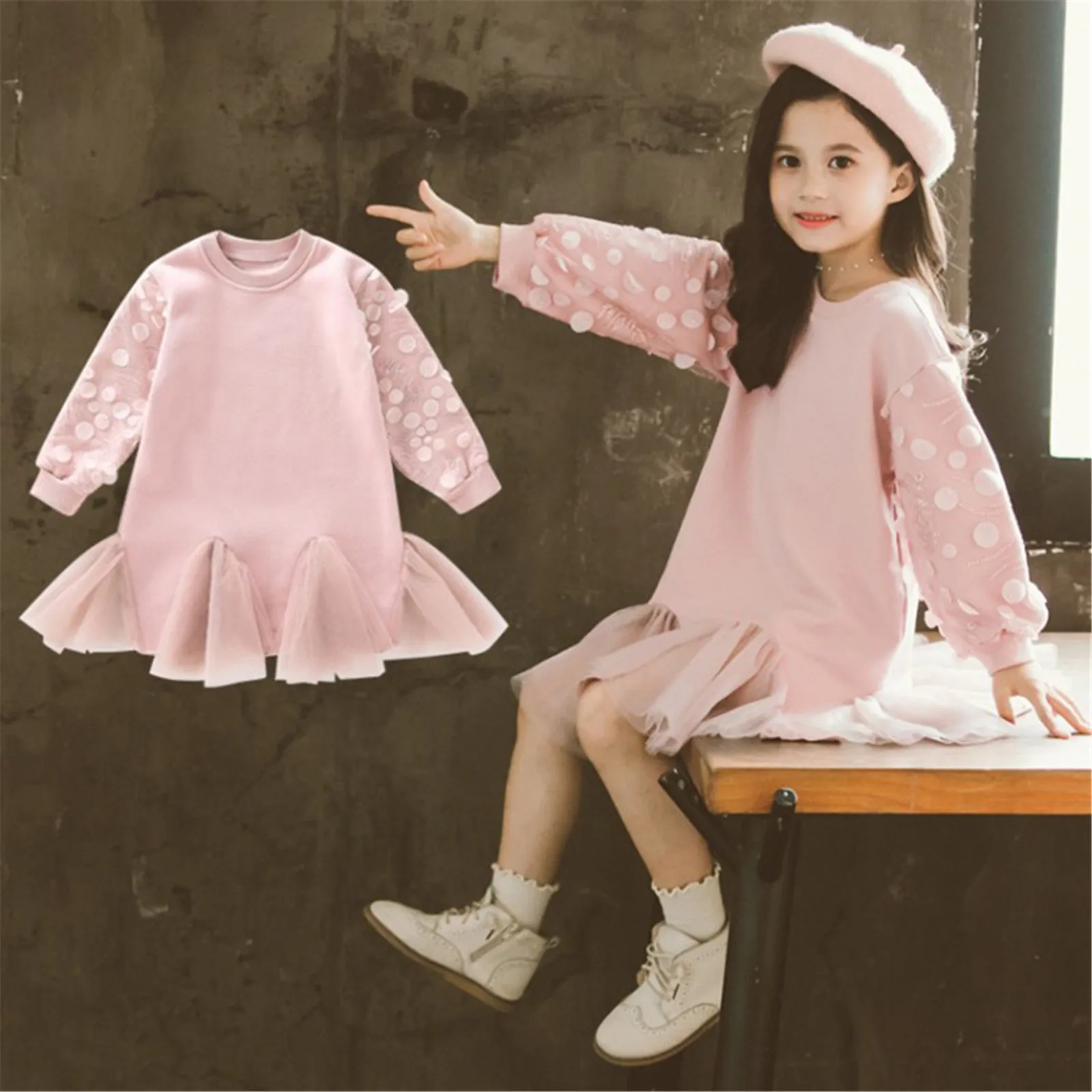

Baby Girl Fashion Princess Sweater Dress Solid Color Long Sleeve Lace Patchwork Hem Princess Cute Dress for Fall Winter 2020