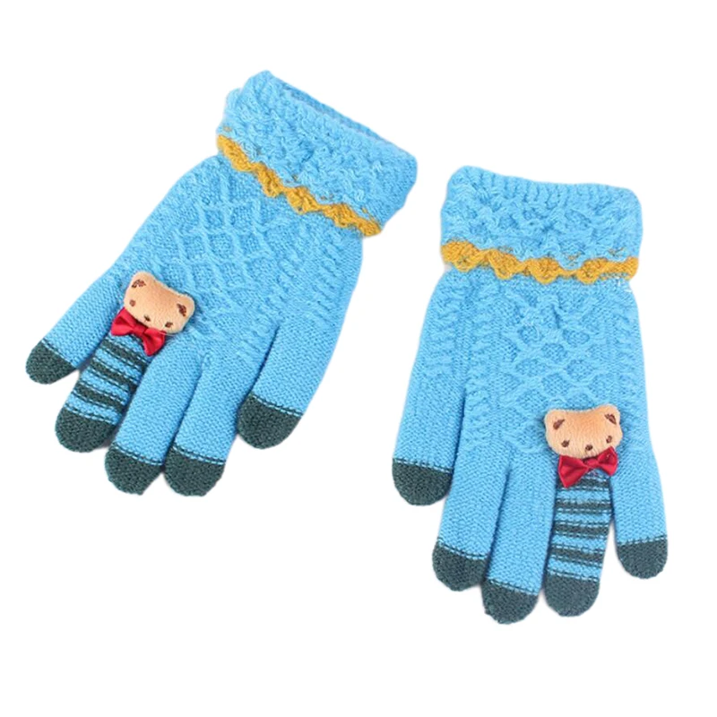 Зимние Детские перчатки, теплые вязаные перчатки, толстые варежки с рисунком медведя и бантиком для детей 5-10 лет - Цвет: light blue