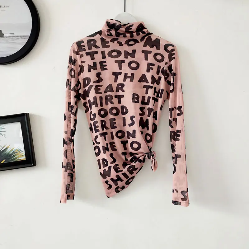 Розовый Женские футболки Poleras Mujer, универсальная рубашка с высоким воротником, женская сексуальная сетчатая рубашка, осенняя блуза с длинным рукавом и надписью - Цвет: Розовый