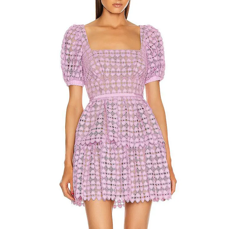 Vintage Heart Shape Pink Lace Women Dress 2020 Summer Elegant Puff Sleeve A-line Mini Female | Женская одежда