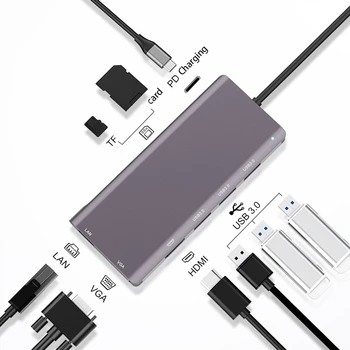 

9 in 1 Usb C Hub Type C to USB 3.0 4K HDMI VGA 100W PD Dock Splitter for Pro iPad Pro Laptop