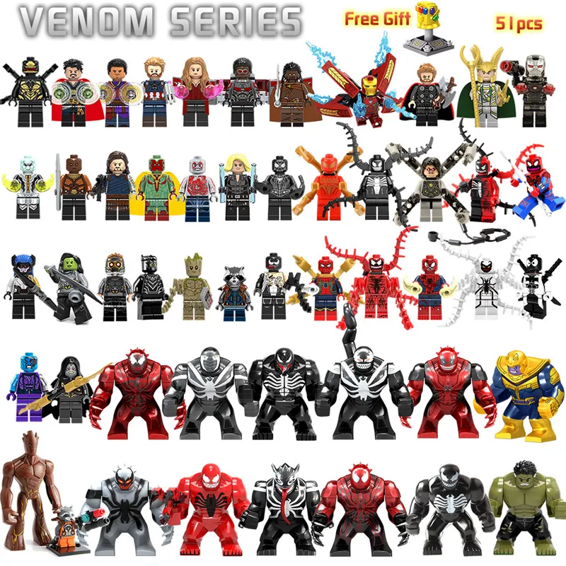 51pcs venom 34 шт./лот, строительные блоки Marvel, супергерои, Мстители, DC, Человек-паук, Бэтмен, Железный человек, танос, Тор, модели, набор кирпичей, детская игрушка - Цвет: 51pcs venom