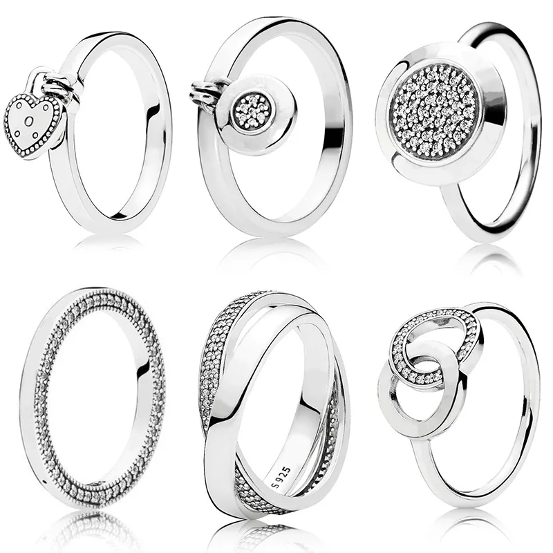 

6 Style Women 925 Sterling Silver Rings Jewelry Logo Signature With Crystal Pan Heart Pendant Ring For Women Jewelry