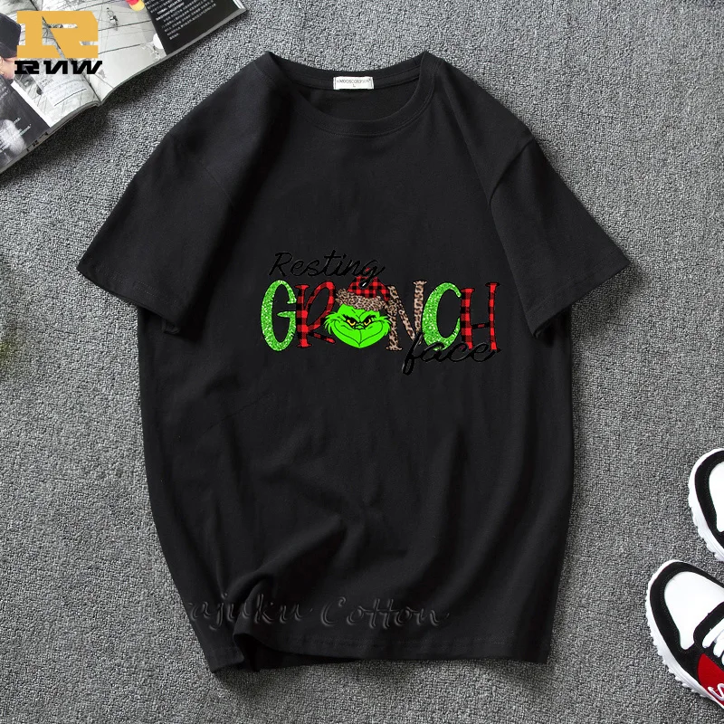 Футболка для мужчин и женщин с изображением лица Grinch, леопардовая шляпа, футболка с принтом Grinch, Рождественская футболка унисекс, уличная одежда