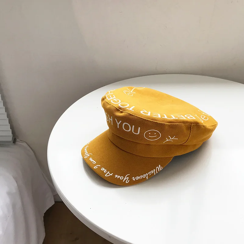 Yellow Осенне-зимние шапки-береты для женщин, для девочек, повседневные хлопковые шапки с буквенным принтом для газетчиков, женская кепка с восьмиугольным рисунком, береты, шапка - Цвет: Yellow