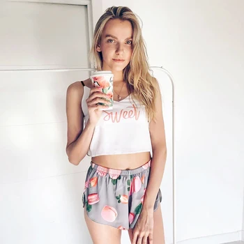 

HECHAN Macaron Sweet Pattern Women Pajamas Two Piece Set Sexy Spaghetti Strap Crop Tops Shorts Satin Home Wear Casual Sleepwear