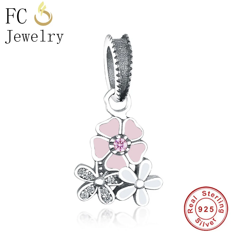 

FC Jewelry Fit Original Pandora Charm Bracelet 925 Sterling Silver Pink Enamel Flower Beads Pendant For Making Women Berloque