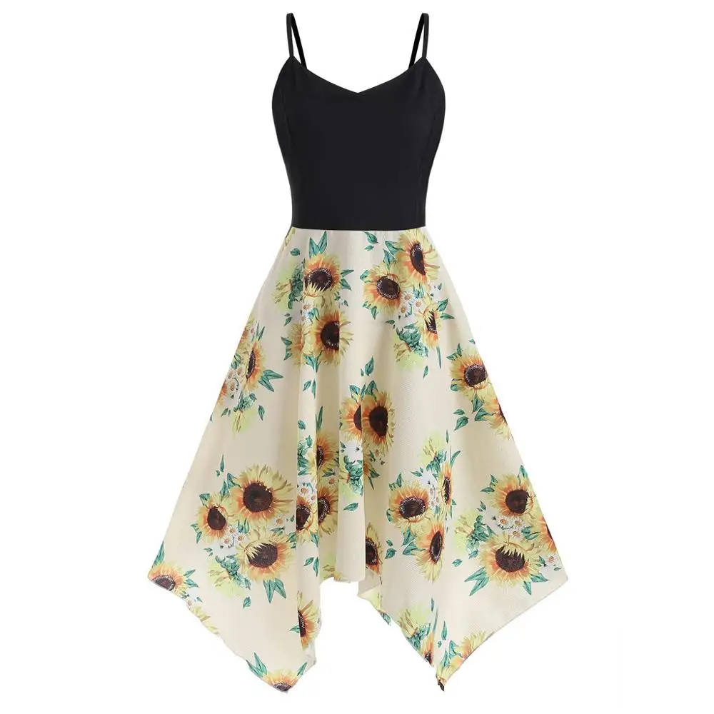  Dress Women Plus Size S-5XL Women Sunflower Print Asymmetric Camis Handkerchief Dress summer dress 